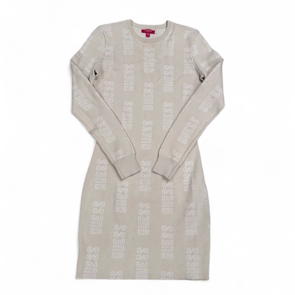 Guess Women's Cream Logo Long Sleeve Knit Bodycon Sweater Dress Size Medium - Picture 1 of 6